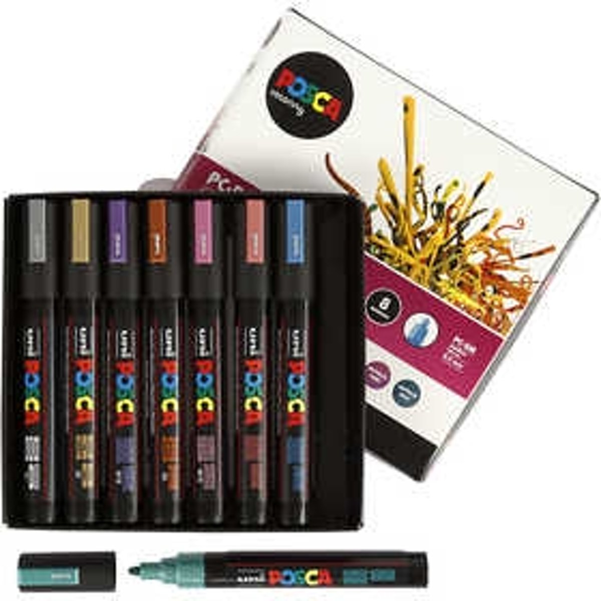 Uni Posca Marker, lijndikte: 2,5 mm,  PC-5M , metallic kleuren, medium, 8stuks [HOB-276901]